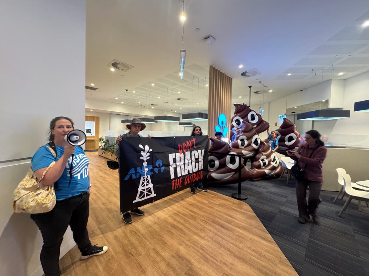 Protesters occupy ANZ branch with giant inflatable ‘poo’ emojis over ‘crap’ climate policy